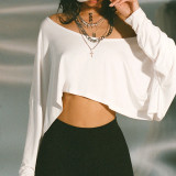 Women's Solid Color Slash Shoulder Long Sleeve Irregular Short Crop Loose Casual Fashion Pullover T-Shirt