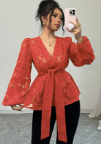 Women's Fashion Spring Autumn Sexy Sheer Long Sleeve V-Neck Blouse Women's Fashion Spring Autumn Sexy Sheer Long Sleeve V-Neck Blouse