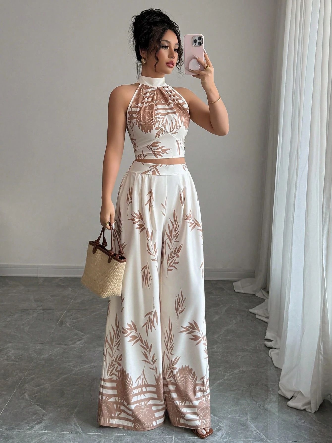 Women's Summer Holidays Chic Print Halter Neck Vest Wide Leg Pants Set