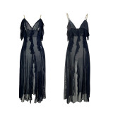 Women's Lace Trim Mesh Low Back Strap Nightgown