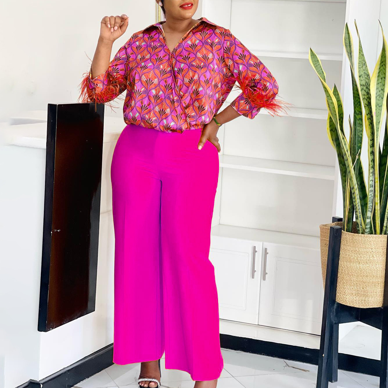 Women's Print Shirt Wide Leg Pants African Two-Piece Set