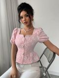 Women's Summer Fashion Elegant Casual Shirt Square Collar Puff Sleeve Short Sleeve Sweet Top