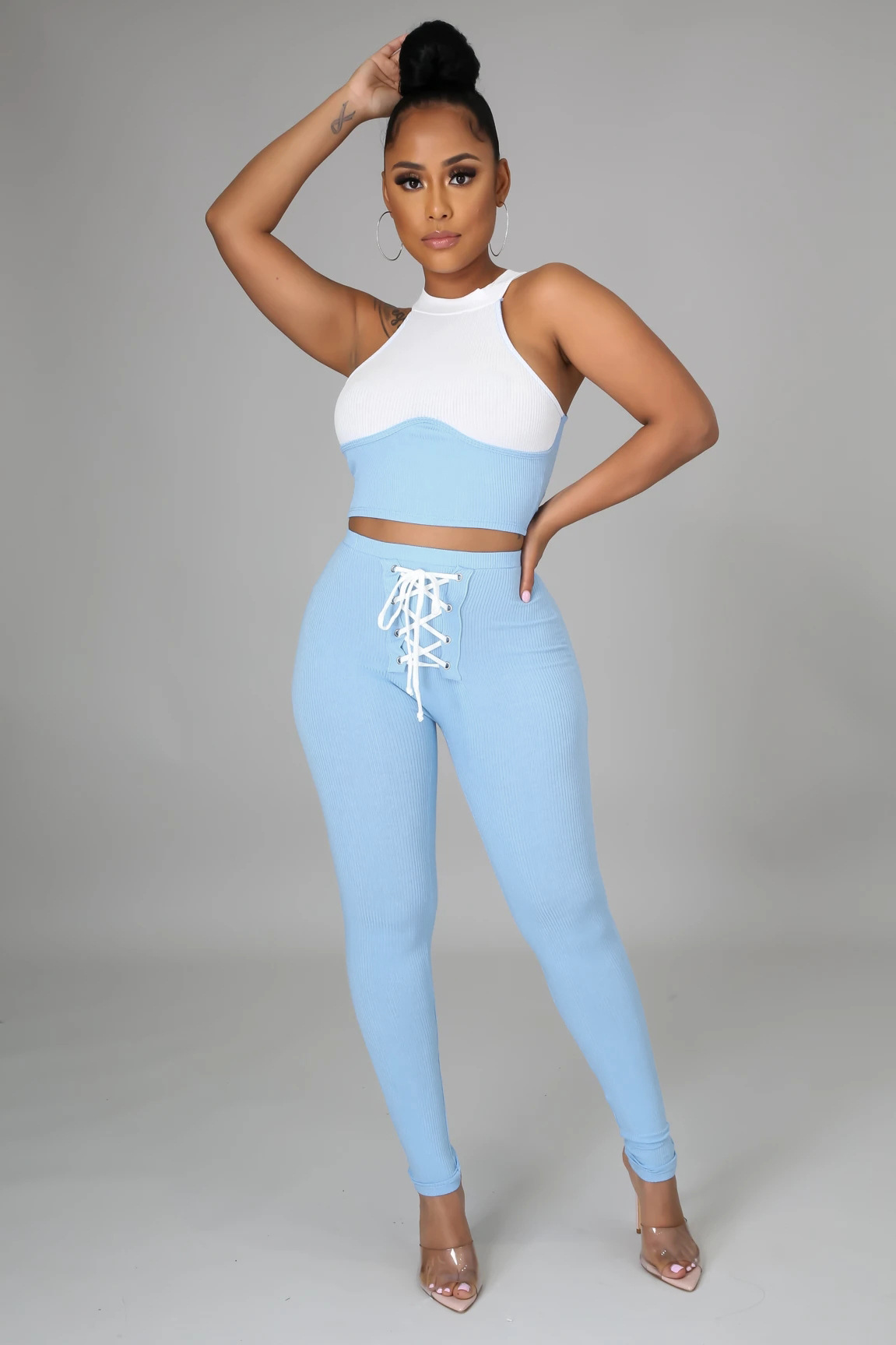 Color Block Tight Fitting Top Pants Two-Piece Set