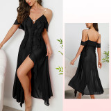 Women's Lace Trim Mesh Low Back Strap Nightgown