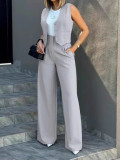 Women's Fashion Solid Color Suit Slim Vest Wide Leg Pants Casual Set