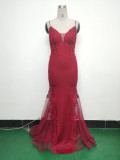 Sexy Strap Rhinestone Chain Fishbone Lace Evening Dress