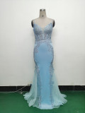 Sexy Strap Rhinestone Chain Fishbone Lace Evening Dress