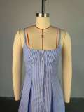 Women's Summer Chic Blue Striped Straps A-Line Dress