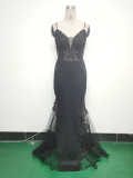 Sexy Strap Rhinestone Chain Fishbone Lace Evening Dress