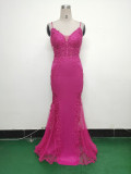 Sexy Strap Rhinestone Chain Fishbone Lace Evening Dress