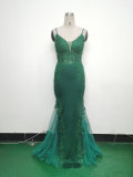 Sexy Strap Rhinestone Chain Fishbone Lace Evening Dress