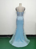 Sexy Strap Rhinestone Chain Fishbone Lace Evening Dress