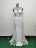 Sexy Strap Rhinestone Chain Fishbone Lace Evening Dress