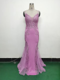 Sexy Strap Rhinestone Chain Fishbone Lace Evening Dress