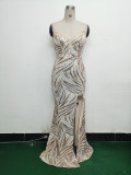 Women Beaded Sequined Wrap Dinner Party Evening Dress