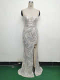 Women Beaded Sequined Wrap Dinner Party Evening Dress