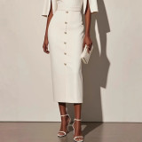 Women Summer Solid Round Neck Slit Button Dress