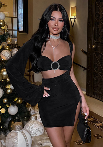 Women Sexy One-Sleeve Metal Button Cutout Dress
