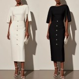 Women Summer Solid Round Neck Slit Button Dress