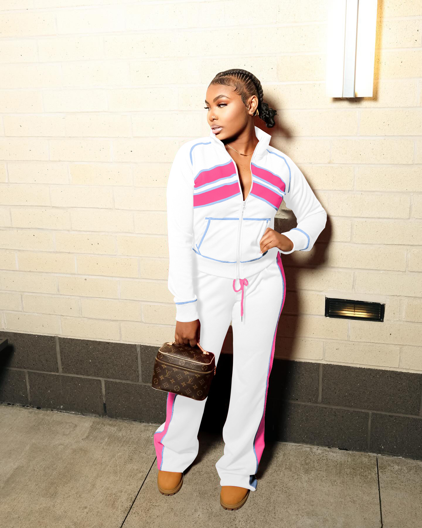 Women Sporty Casual Autumn/Winter Colorblock Long-Sleeved Top and Pant Two-Piece Set