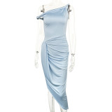 Women slash shoulder strap, sexy pleated irregular maxi dress