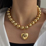 Women gold beaded clavicle necklace, summer heart print pendant necklace