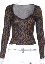 Women Fall Ruffle Edge Leopard Print Long-Sleeved Crop Top