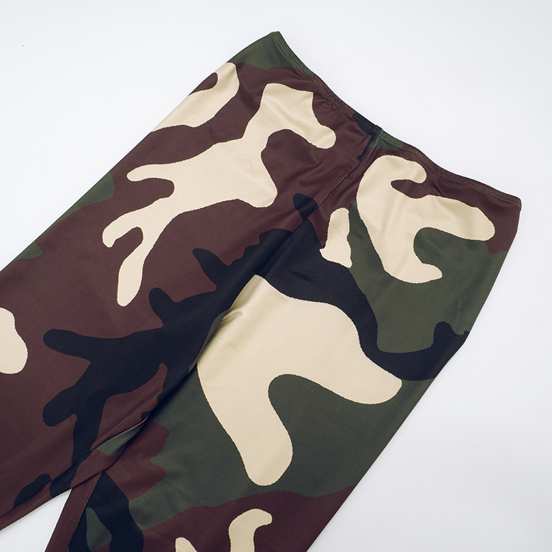 Women Spring/Summer Strapless Lace-Up Camouflage Gathered Top and Pants Two-Piece Set