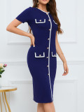 Women Contrast Button Round Neck Short-Sleeved Knitting Dress