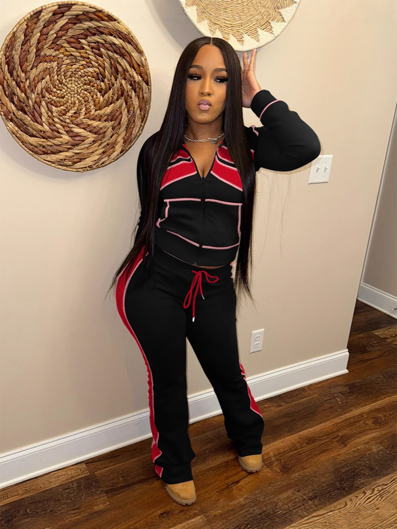 Women Sporty Casual Autumn/Winter Colorblock Long-Sleeved Top and Pant Two-Piece Set