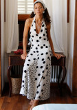 Women Summer Sexy V-Neck Lace-Up Polka Dot Patchwork Backless Maxi Dress