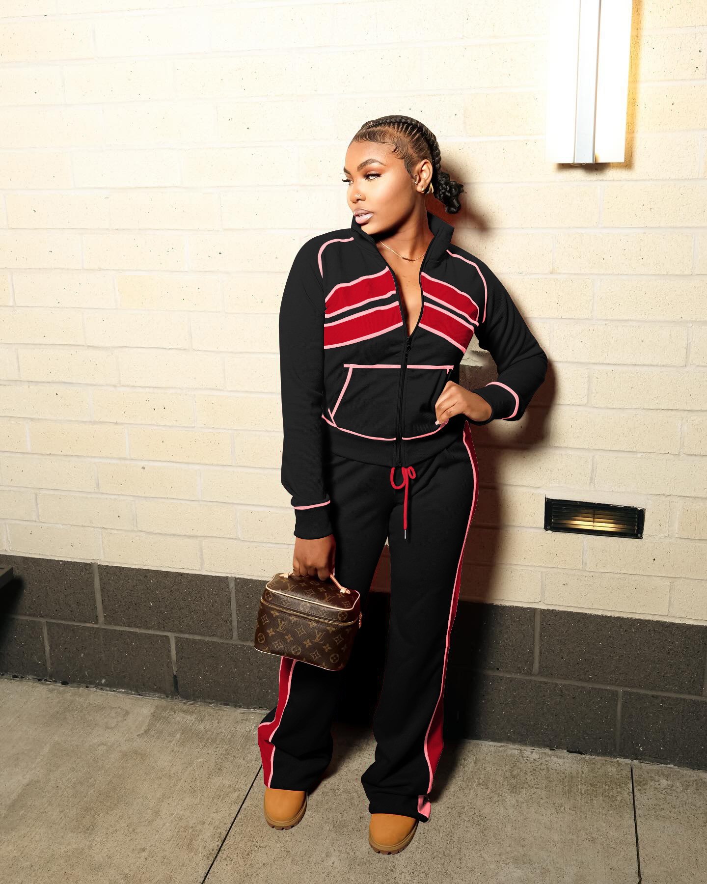 Women Sporty Casual Autumn/Winter Colorblock Long-Sleeved Top and Pant Two-Piece Set