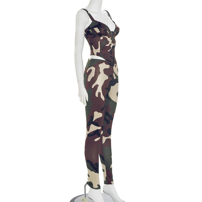 Women Spring/Summer Strapless Lace-Up Camouflage Gathered Top and Pants Two-Piece Set