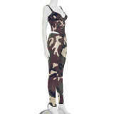 Women Spring/Summer Strapless Lace-Up Camouflage Gathered Top and Pants Two-Piece Set