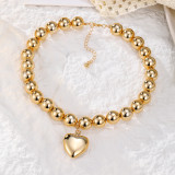Women gold beaded clavicle necklace, summer heart print pendant necklace