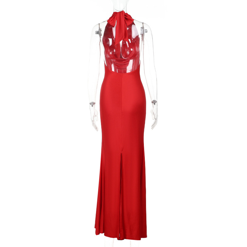 Women Sexy Backless Halter Neck Pocket Neck Maxi Dress