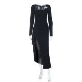 Women Square Neck Sexy Slit Ruffle Long Sleeve Maxi Dress