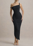 Women slash shoulder strap, sexy pleated irregular maxi dress