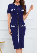 Women Contrast Button Round Neck Short-Sleeved Knitting Dress