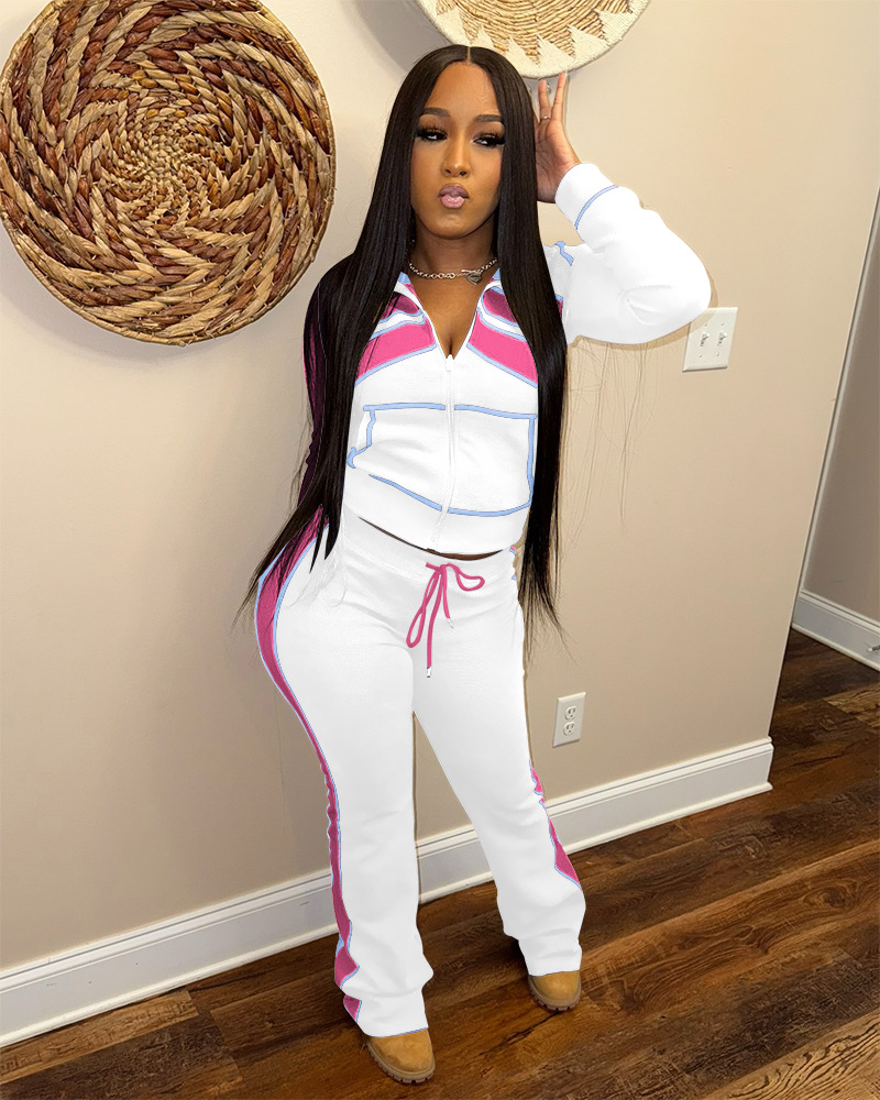 Women Sporty Casual Autumn/Winter Colorblock Long-Sleeved Top and Pant Two-Piece Set