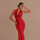 Women Sexy Backless Halter Neck Pocket Neck Maxi Dress
