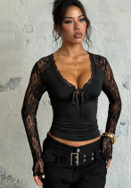 Women Fall Lace Patchwork V-Neck Long-Sleeved Top