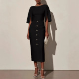 Women Summer Solid Round Neck Slit Button Dress