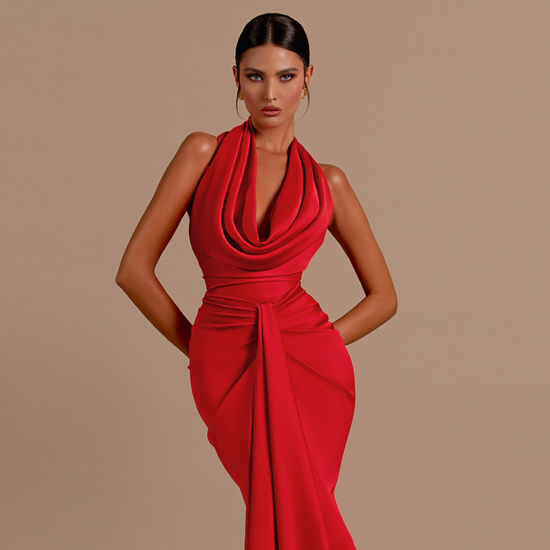 Women Sexy Backless Halter Neck Pocket Neck Maxi Dress
