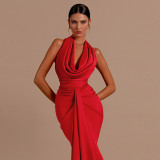 Women Sexy Backless Halter Neck Pocket Neck Maxi Dress