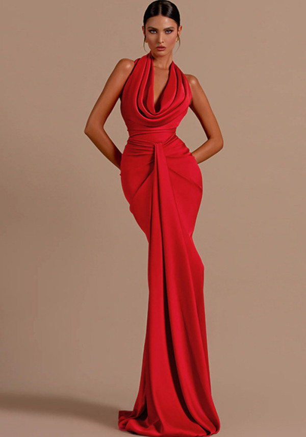 Women Sexy Backless Halter Neck Pocket Neck Maxi Dress