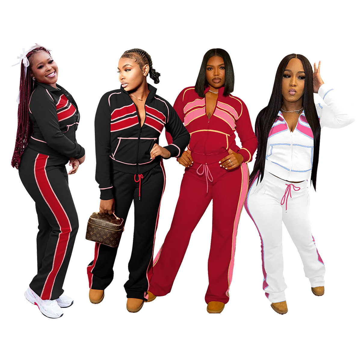 Women Sporty Casual Autumn/Winter Colorblock Long-Sleeved Top and Pant Two-Piece Set