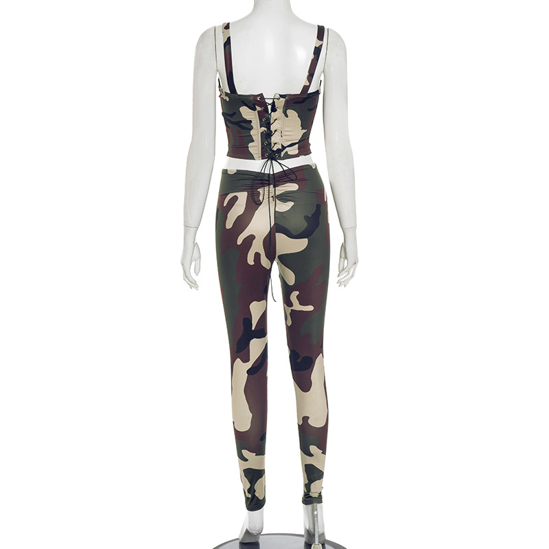 Women Spring/Summer Strapless Lace-Up Camouflage Gathered Top and Pants Two-Piece Set