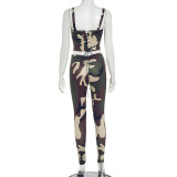 Women Spring/Summer Strapless Lace-Up Camouflage Gathered Top and Pants Two-Piece Set