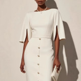 Women Summer Solid Round Neck Slit Button Dress